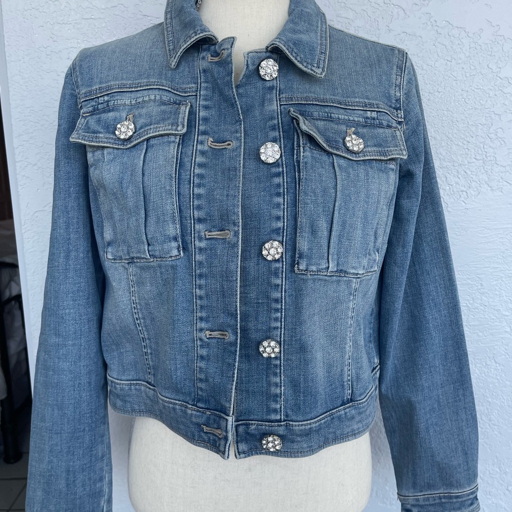 NWOT White House Black Market Blue Denim Jacket with Crystal Buttons